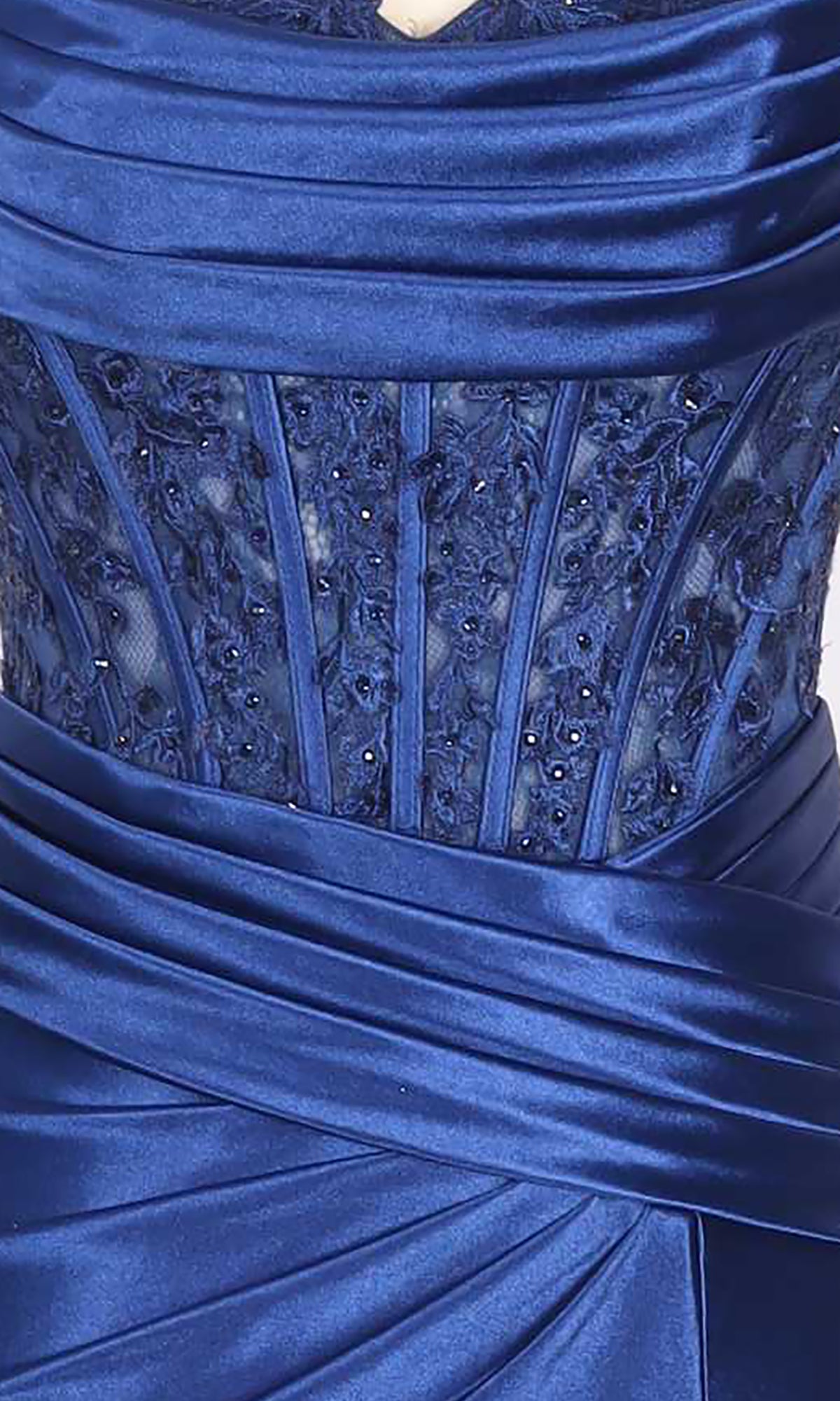 Close-up of the Sequin-Lace Corset Prom Dress: a PromGirl Exclusive in royal blue satin, with an off-the-shoulder neckline, beaded lace bodice, and pleated draping at the waist.