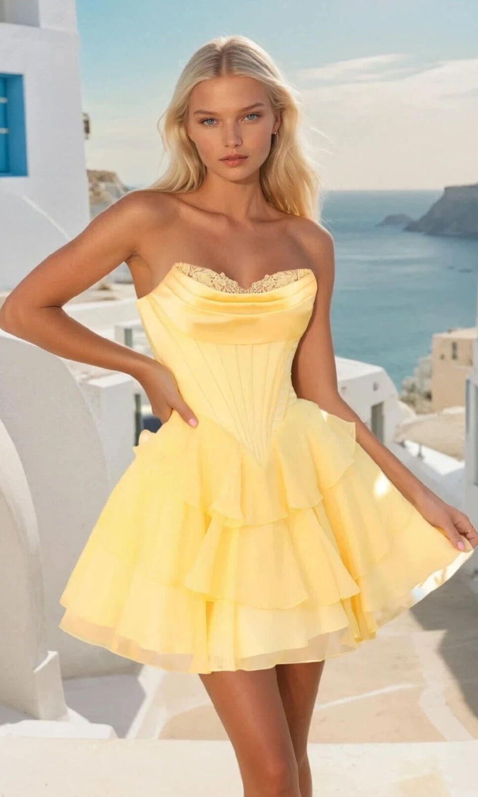 Woman in a short yellow dress standing in front of a scenic coastal view.