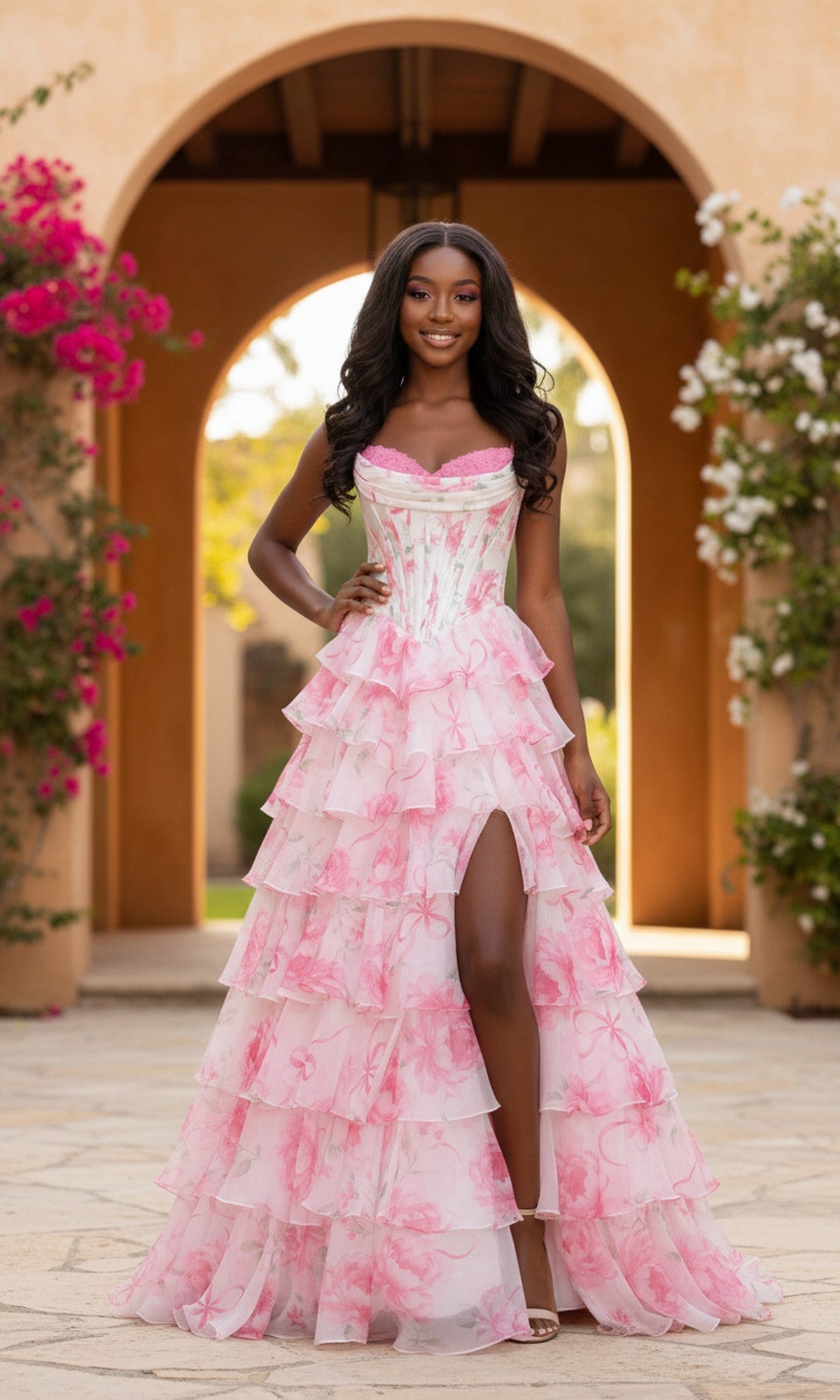 A woman stands outdoors, smiling in front of an arched doorway and blooming flowers, wearing the Floral Prom Ball Gown: PromGirl Exclusive 250123D—a pink and white ruffled prom dress with a high slit.