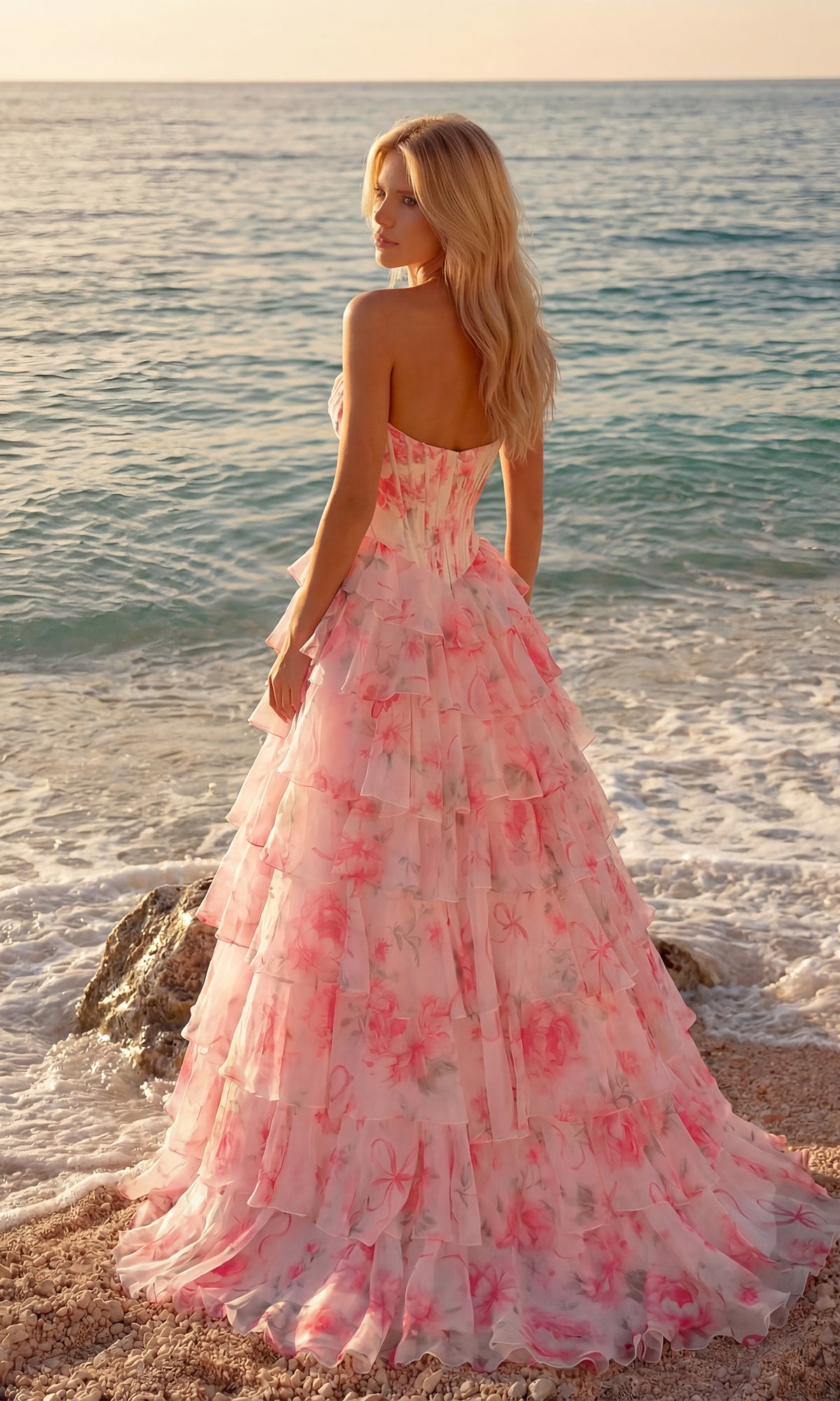 A woman in the PromGirl Exclusive 250123D Floral Prom Ball Gown stands on a beach at sunset, facing the ocean.