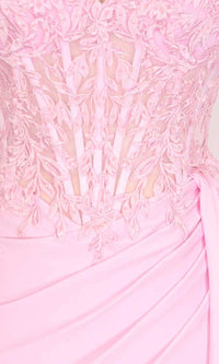 Closeup view of a pink dress with a lace embroidered corset on a mannequin.