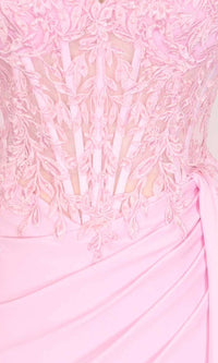 Closeup view of a pink dress with a lace embroidered corset on a mannequin.