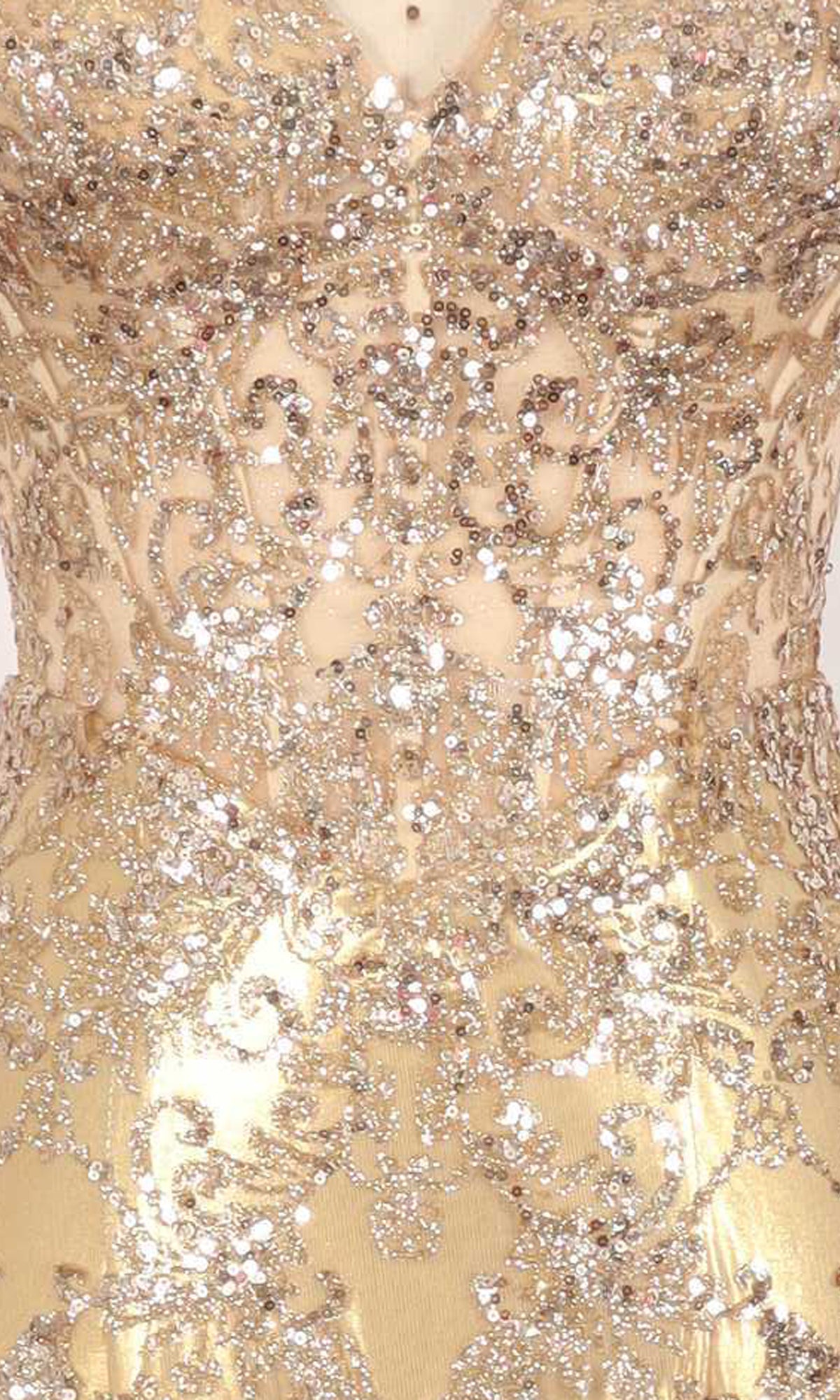Close-up of a gold dress with intricate beadwork and sequins