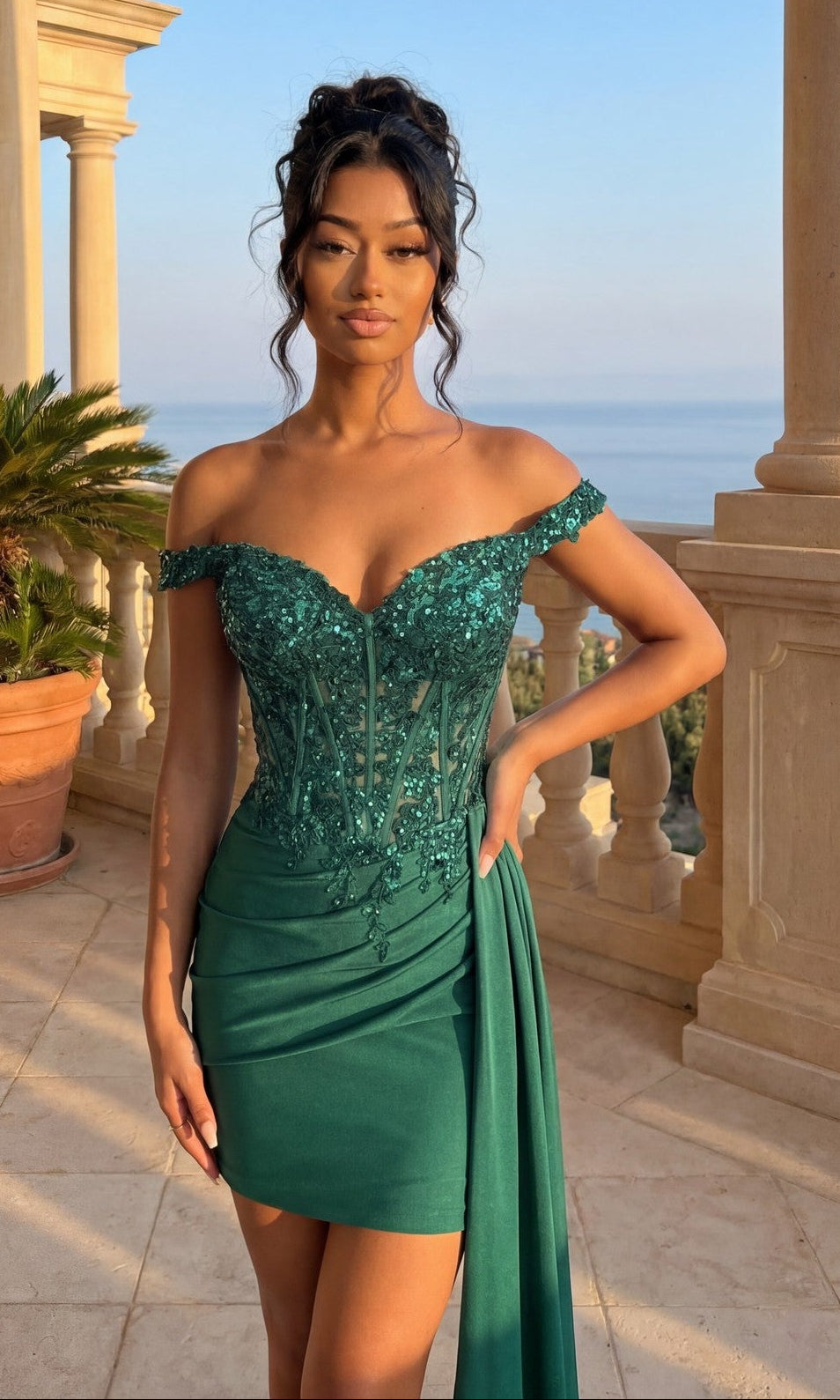 A woman in the Off-Shoulder Hoco Dress: PromGirl Exclusive 250138 stands on a balcony with ornate columns, her green sequined gown sparkling as she gazes over a scenic, sunlit landscape.