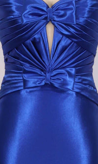 Close-up of a blue satin dress with bow details on a gray background