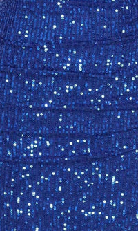 Close up of a royal blue sequin fabric with ruching.