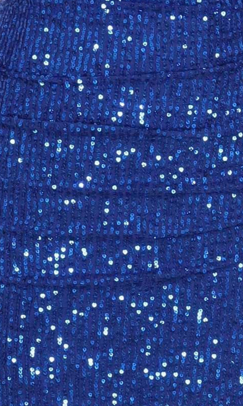 Close up of a royal blue sequin fabric with ruching.