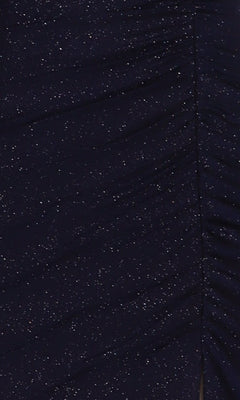 Close-up of dark blue ruched fabric with a glittery texture and gathered seam—stylish details found on the Mini Glitter Hoco Dress: PromGirl Exclusive 250150, perfect for homecoming.