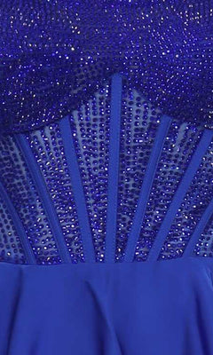 Close-up of a blue dress with intricate beadwork on the corset bodice