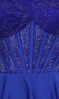 Close-up of a blue dress with intricate beadwork on the corset bodice