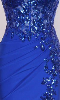 Blue sequin dress with a close-up of the embellishments on a plain background