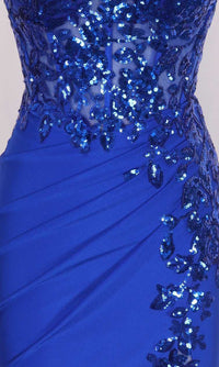 Blue sequin dress with a close-up of the embellishments on a plain background