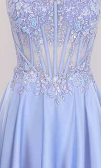 Light blue evening gown with sequin embellishments on a plain background