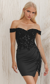 Black off-shoulder dress with sequin detailing on a neutral background