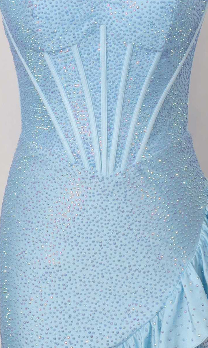 Close-up of the PromGirl Exclusive 250180 Sparkly Homecoming Dress in light blue, showcasing its boning detail and textured, beaded surface with a corset-inspired structure for added elegance.