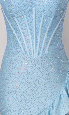 Close-up of the PromGirl Exclusive 250180 Sparkly Homecoming Dress in light blue, showcasing its boning detail and textured, beaded surface with a corset-inspired structure for added elegance.