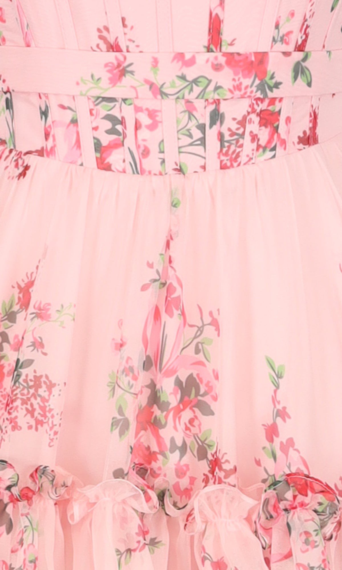 Close-up of a pink floral dress with ruffled details.