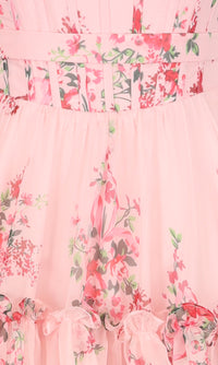 Close-up of a pink floral dress with ruffled details.
