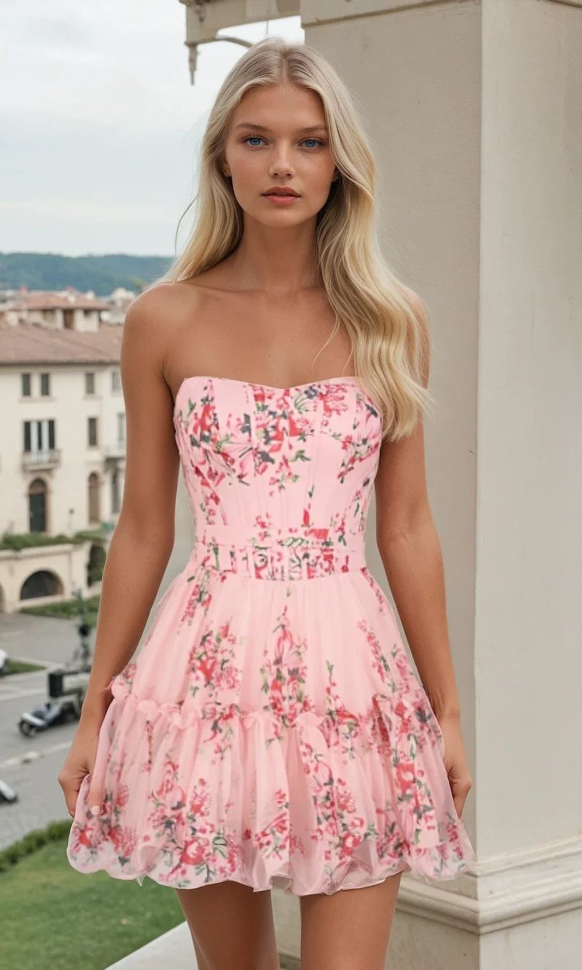 Woman wearing a short pink floral dress standing outdoors with buildings in the background