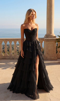Strapless Long Sweetheart Prom Dress with Ruffles Black / 10