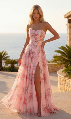 A woman stands outdoors by the sea in the PromGirl Exclusive 250236 Floral Chiffon Prom Dress, featuring a strapless pink print, high slit, and flowing design amid palm trees and stone architecture.