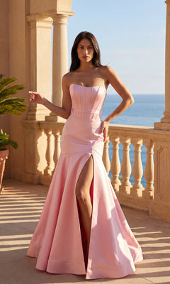 A woman stands on a balcony overlooking the ocean in the PromGirl Exclusive 250239B Satin Mermaid Prom Dress, featuring a strapless light pink fitted bodice and high slit—an elegant and stunning prom look.
