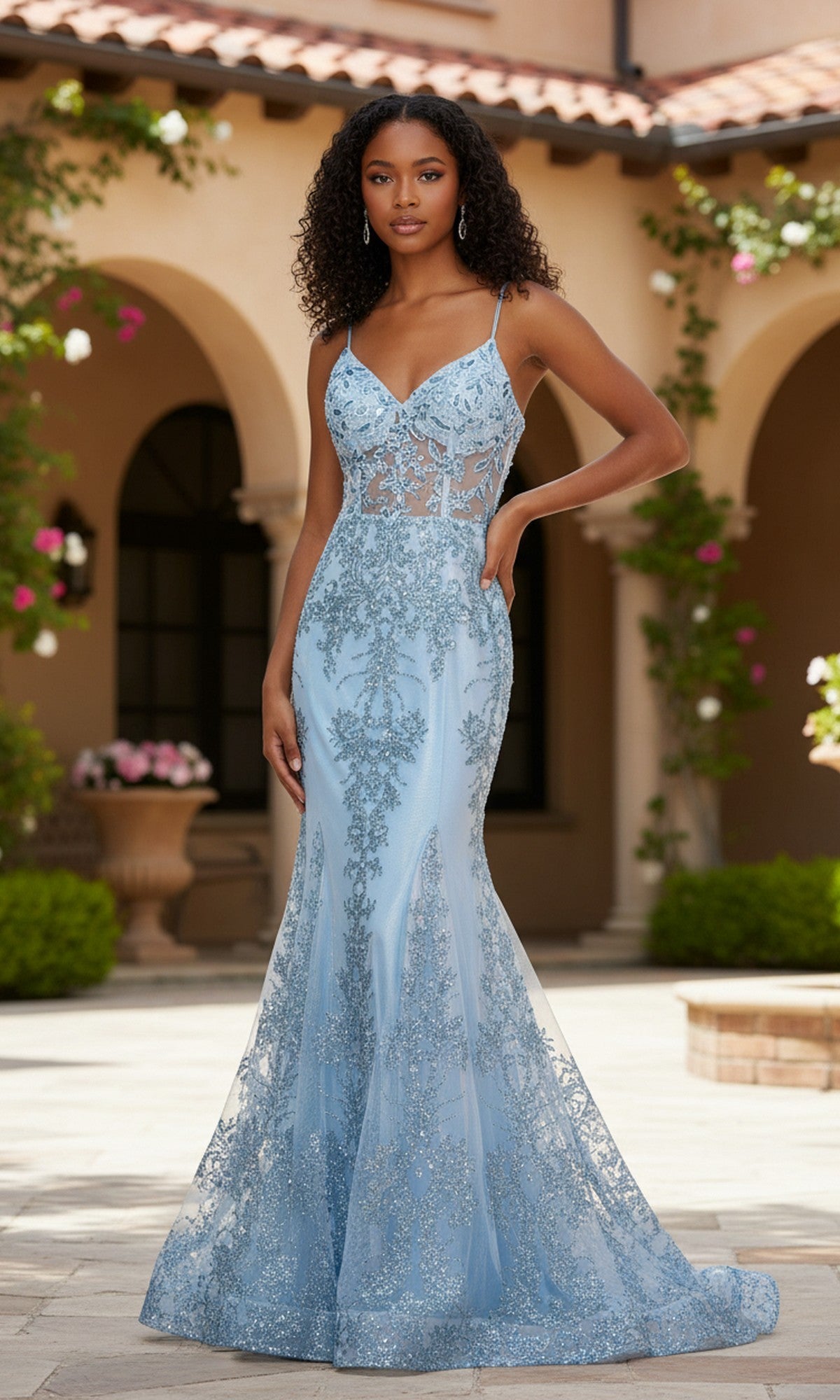Fit-And-Flare Sparkly Glitter Long Corset Prom Dress Light Blue / 2 Fit-And-Flare Sparkly Glitter Long Corset Prom Dress Light Blue / 2