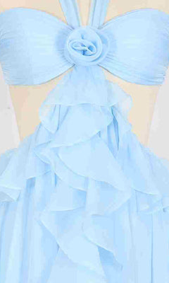 Close-up of the PromGirl Exclusive 250269 long prom dress in light blue chiffon, showcasing a fabric rose at the bust and cascading ruffles down the front.