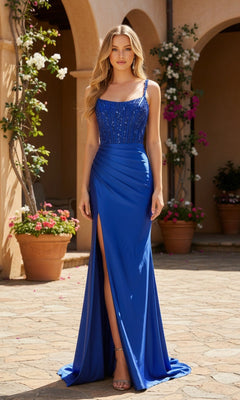 A woman stands in a courtyard, surrounded by potted flowers and greenery, wearing the PromGirl Exclusive 250274 long prom dress with a beaded corset bodice and thigh-high slit in royal blue.