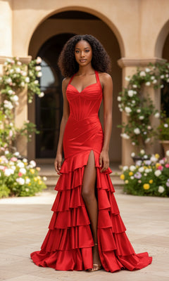A woman in a red Halter Mermaid Prom Dress (PromGirl Exclusive 250294) with ruffled tiers and a thigh-high slit poses outdoors before an arched building and blooming flowers, capturing the elegance of PromGirl style.