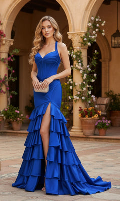 A woman in the PromGirl Exclusive 250294 royal long prom dress with a blue halter-neck, corset bodice, ruffled skirt, and front slit stands in a courtyard holding a small clutch.