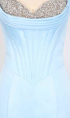 Close-up of the PromGirl Exclusive 250299: a strapless light blue satin mermaid prom dress with structured vertical seams and a silver beaded sweetheart neckline.