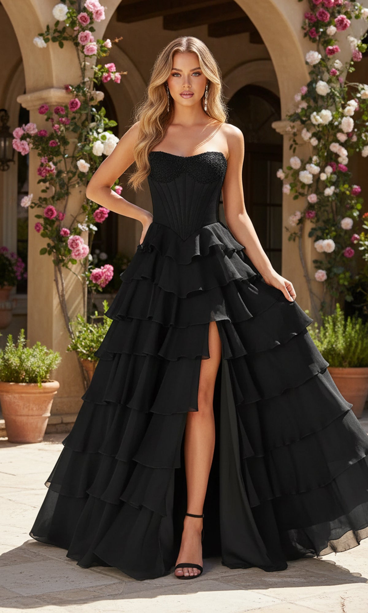 Strapless Long A-Line Prom Dress with Ruffled Tiers Red / 14