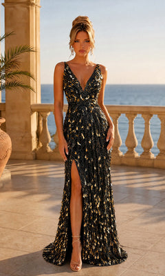 On a sunset terrace by the ocean, a woman wears the Sparkly Sequin Prom Dress: PromGirl Exclusive 250304 in black/gold—a v-neck gown with a thigh-high slit, its sequins shimmering in the evening light.