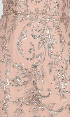 Close-up of peach fabric with silver sequin and bead embroidery in a leafy swirl—perfect for the Short Homecoming Dress: PromGirl Exclusive 250340B.