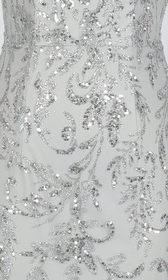 Close-up of the PromGirl Exclusive 250340B: a white bodycon mini dress adorned with intricate silver sequin embroidery in a floral and vine motif.