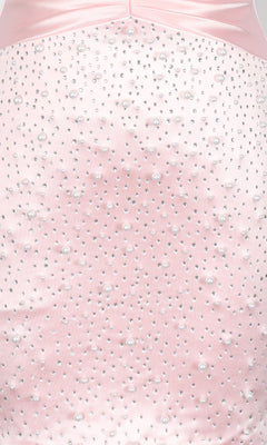 Close-up of light pink satin with pearls and rhinestones, inspired by the Short Homecoming Dress: PromGirl Exclusive 250345 featuring a strapless sweetheart neckline.
