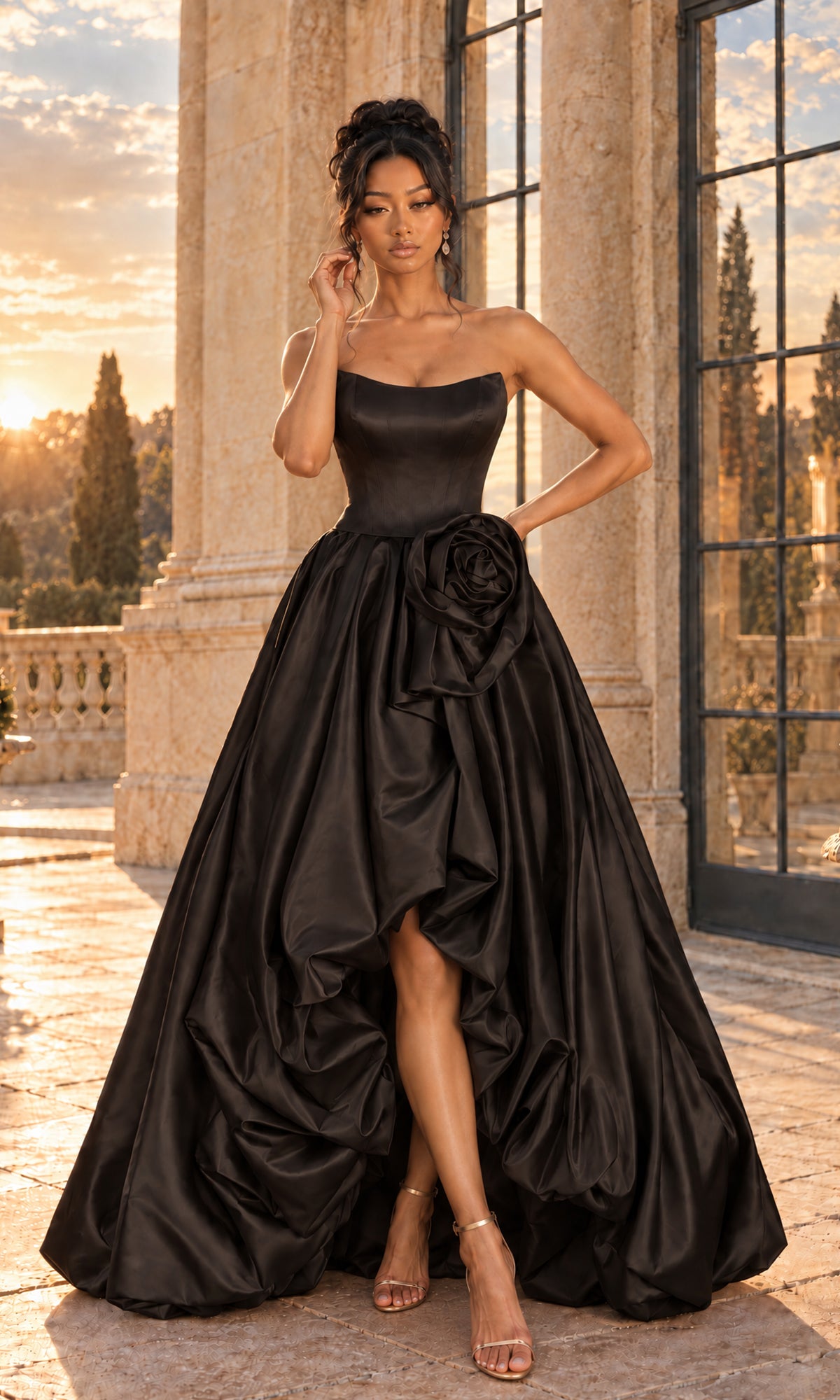 Wearing the PromGirl 250350 Rosette Bubble-Hem Prom Ball Gown in black—a strapless style with a dramatic high-low bubble hem, large rosette detail, lace-up back, and satin bodice—a woman stands outdoors by stone columns and expansive windows at sunset, her metallic heels catching the last golden rays.