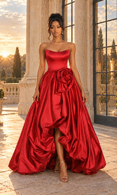 A woman stands outside, wearing the PromGirl 250350 Rosette Bubble-Hem Prom Ball Gown in red—a strapless high-low gown with a dramatic rose detail, satin bodice, and chic lace-up back—paired with strappy heels. Stone columns and trees can be seen in the background.