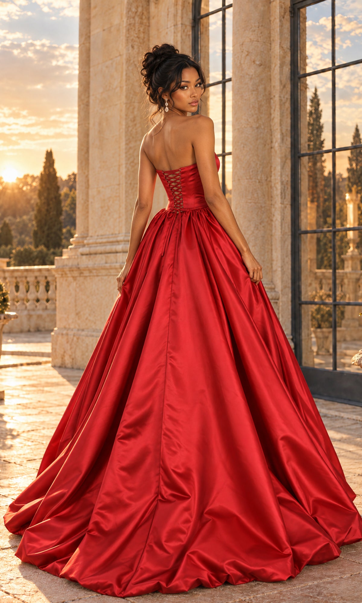 A woman stands outdoors near a stone building at sunset, looking over her shoulder in the PromGirl 250350 Rosette Bubble-Hem Prom Ball Gown—a strapless, floor-length red dress featuring a satin bodice and lace-up back.