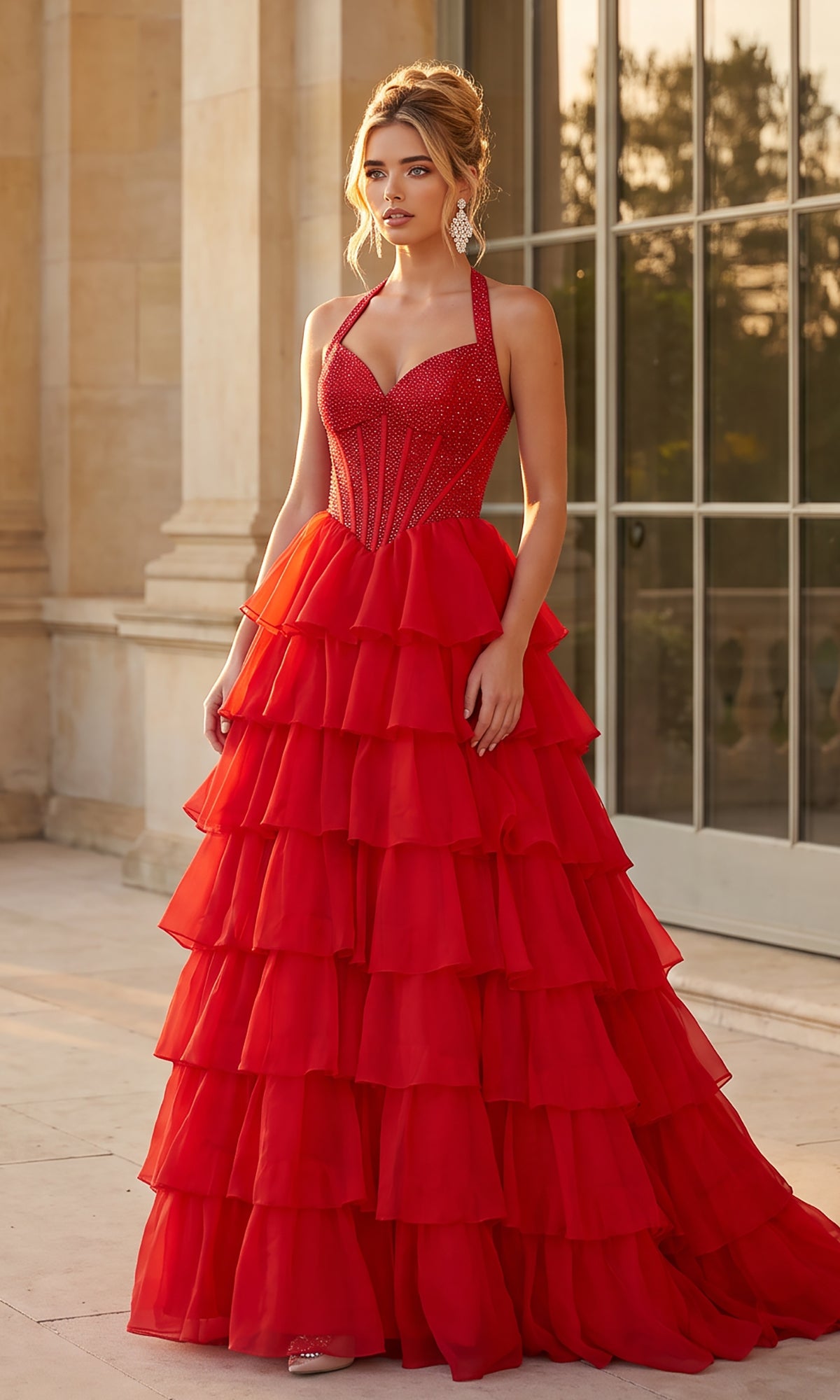 Outdoors, a woman poses gracefully in front of large glass windows, wearing the PromGirl Exclusive 250352 Halter Prom Ball Gown in red. The gown features a beaded corset bodice and a dramatic tiered ruffle skirt, perfectly complemented by her elegant updo hairstyle.