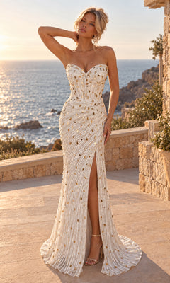 A woman stands outdoors by the seaside wearing the PromGirl Exclusive 250546 long prom dress in ivory and gold. The strapless, fitted gown showcases gold accents and a thigh-high slit, with a corset bodice that enhances her silhouette, while sunlight reflects on the water behind her.