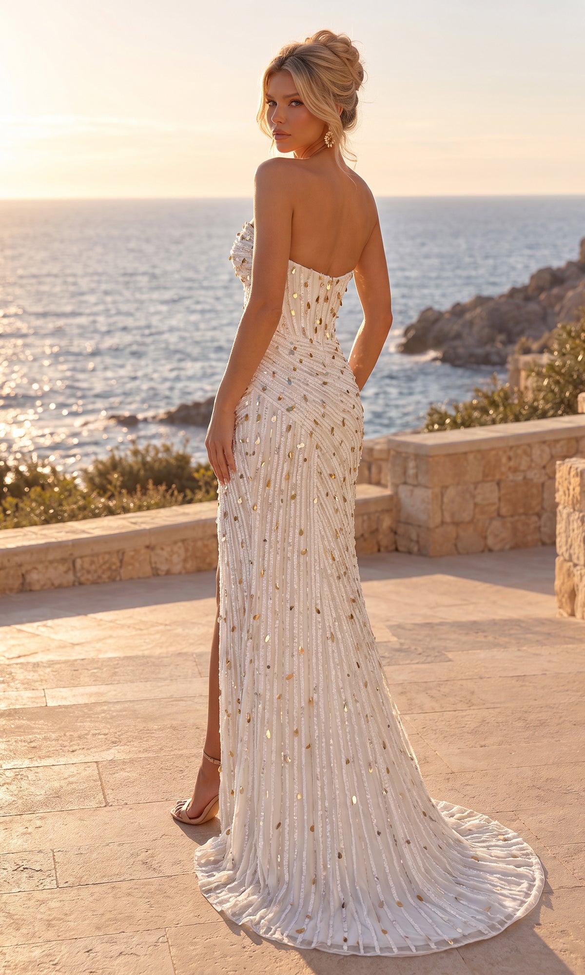 Wearing the Long Prom Dress: PromGirl Exclusive 250546—a strapless white and gold sequin gown with a corset bodice—a woman stands on a stone terrace overlooking the ocean at sunset.