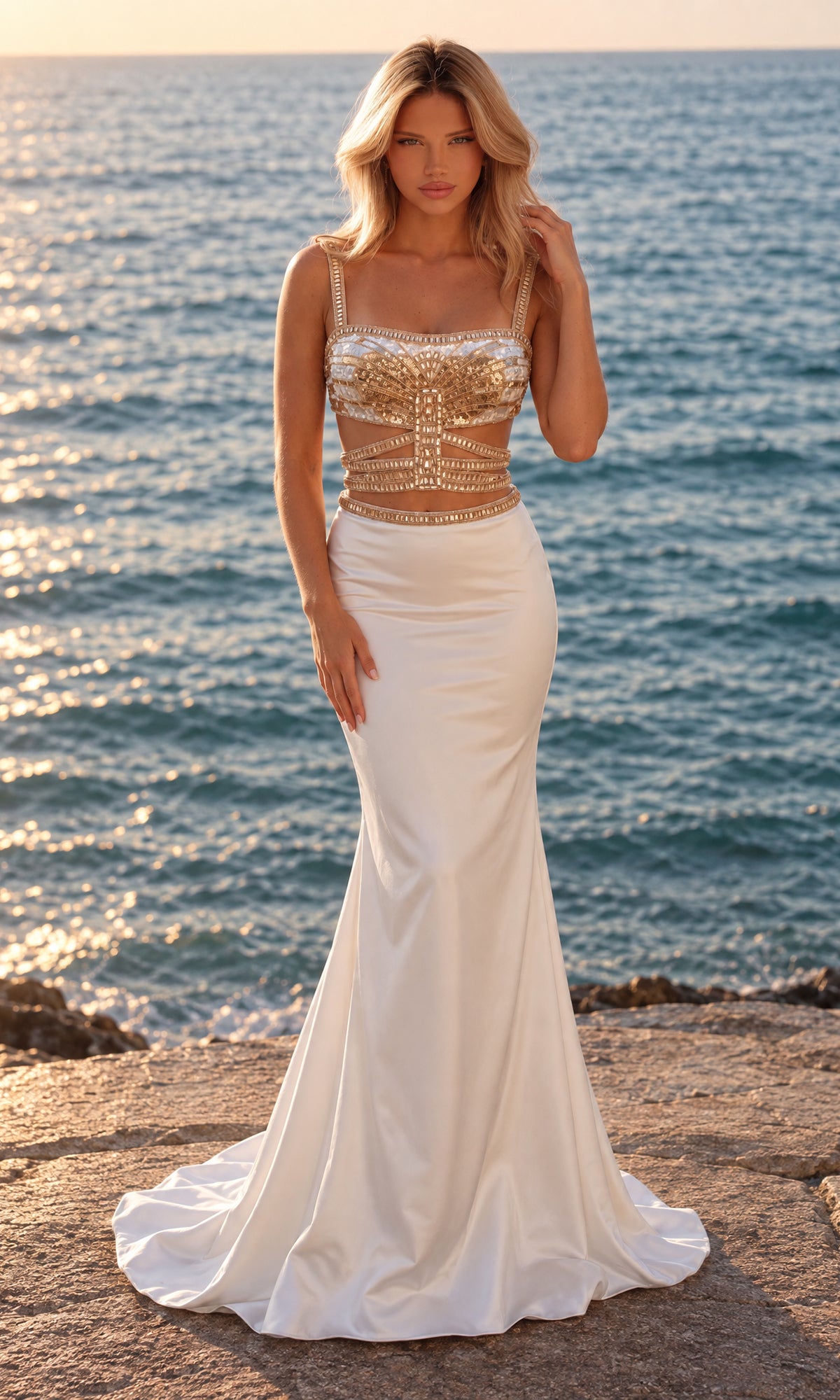 A woman stands by the ocean wearing a Sexy Cutout Long Prom Dress: PromGirl 250566, an ivory and gold open-midriff gown with a beaded bodice and cutouts.
