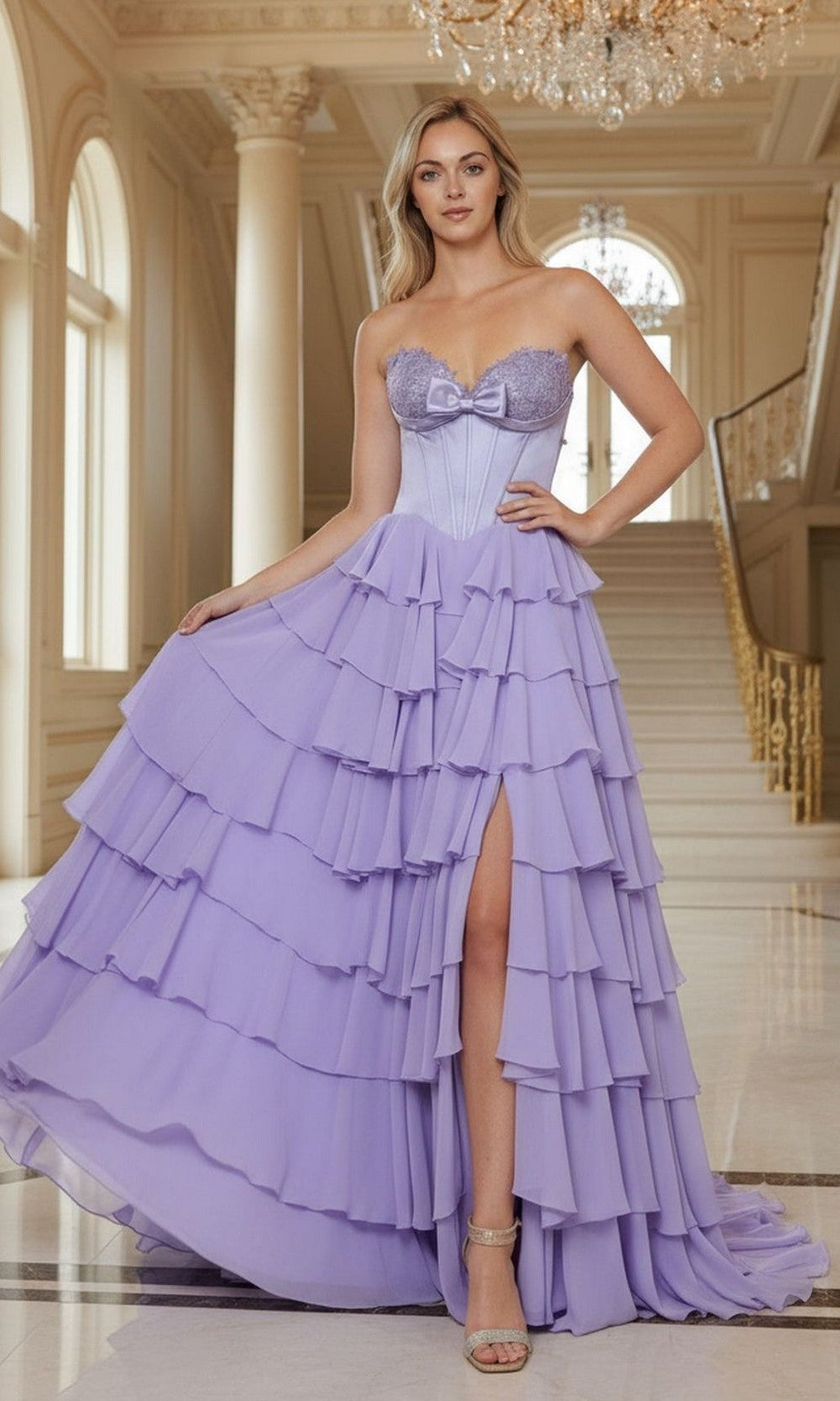A woman poses indoors before a grand staircase and large windows, wearing the Poly USA 25074 long prom dress in lavender, featuring ruffled chiffon layers, a strapless neckline, and a high slit.