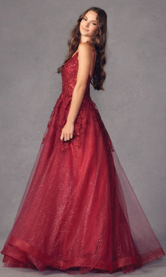 A young woman with long brown hair wears the Embroidered Glitter-Tulle Long Prom Ball Gown 251, a sleeveless, floor-length evening gown with floral shimmer details, standing against a plain gray background.