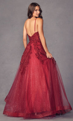 A woman wearing the Embroidered Glitter-Tulle Long Prom Ball Gown 251, featuring a floor-length glittery tulle skirt, fitted bodice, spaghetti straps, and open back, stands against a neutral background.
