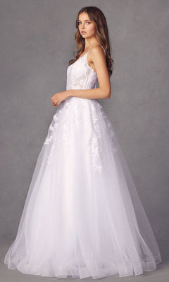 A woman stands in profile wearing the Embroidered Glitter-Tulle Long Prom Ball Gown 251—a sleeveless white dress with lace details and a full tulle skirt—set against a plain gray background.