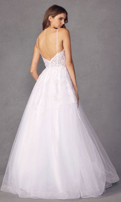 A woman wearing the Embroidered Glitter-Tulle Long Prom Ball Gown 251, featuring a white sleeveless design with lace details and a low back, stands against a plain gray background.