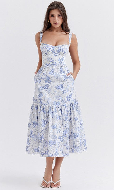 Tea Length White and Blue Floral Casual Dress